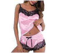 Ensembles de Pyjama Femmes Sexy Chaud Chic été Caraco Satin en Soie Short Dentelle 2 Pièce Court Mignon Doux Bas de Pyjamas Pyjashort Nuisette Lingerie Nuit Femme