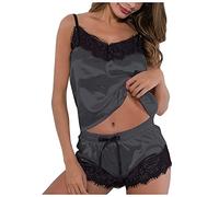 Ensembles de Pyjama Femmes Sexy Chaud Chic été Caraco Satin en Soie Short Dentelle 2 Pièce Court Mignon Doux Bas de Pyjamas Pyjashort Nuisette Lingerie Nuit Femme