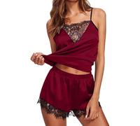 Ensembles de Pyjama Femmes Sexy Chic été Caraco Satin en Soie Short Dentelle 2 Pièce Court Mignon Doux Bas de Pyjamas Pyjashort Nuisette Lingerie Nuit Sleepwear Col en V Homewear pour Femme