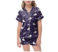 Ensembles de Pyjama Fille et Ado d'halloween Imprimé fantôme Citrouille de Nuit d'Été Boutons Short Pyjama Satin Loungewear Set Vêtement de Nuit à Manche Courte (Bleu foncé, 6-7 Years)