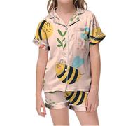 Ensembles de Pyjama Fille Pyjama Court imprimé col V pour Enfants,vêtements de Nuit Confortables pour garçons et Filles,Un Usage Quotidien et Domestique,Ceinture élastique Douce(Khaki,6-7 Ans)