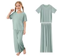 Ensembles de Pyjama Fille Tenue d'été pour Filles,Ensemble Pantalon Long,Doux et côtelé,col Rond,Manches Courtes,vêtements d'intérieur décontractés et Confortables pour Tout-Petits (Green,10-12 Ans)