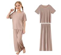 Ensembles de Pyjama Fille Tenue d'été pour Filles,Ensemble Pantalon Long,Doux et côtelé,col Rond,Manches Courtes,vêtements d'intérieur décontractés et Confortables pour Tout-Petits (Khaki,18-24 Mois)