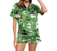Ensembles de pyjama pour femmes, ensemble court confortable à imprimé Halloween pour un usage quotidien, parfait pour la détente estivale et les vêtements de nuit Body Pour Femmes (Green, XL)