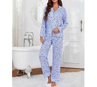 Ensembles De Pyjama,Pyjama Pour Femme Ensemble Hiver Dames Pyjama Mince Impression Florale Manches Longues Vêtements De Nuit Set Bouton Bas Cardigan & Pyjama Bottoms Soft Pjs Set Loungewear (Bleu),