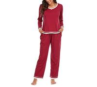 Ensembles De Pyjamas pour Femmes Doux Chemises De Nuit en Coton à Manches Longues Et à Col Ras du Cou avec Pantalon Long Ensemble De Pyjama 2 PièCes Loungewear (Rouge,XL)