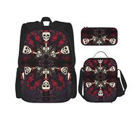 Ensembles de sac à dos 3 pièces Cartable Étudiants Adolescents (Mexicain Sugar Skulls Day of the Dead roses rouges chapeau magique) Cartable + Sac à lunch + Trousse à crayons Mignon Collège Travail