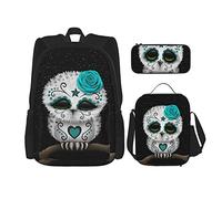 Ensembles de sac à dos 3 pièces cartable Teens Studentss (Cute Teal Day Of The Dead Sugar Skull Owl Stars) Cartable + Sac à déjeuner + Trousse à crayons Mignon College Work Gym Randonnée Pêche Sac d
