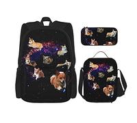 Ensembles de sac à dos scolaire 3 pièces Étudiants Adolescents (Galaxy Space Cute Corgi Running) Cartable + Sac à déjeuner + Trousse à crayons Mignon Sac à dos Collège Travail Gym Randonnée Pêche Sa