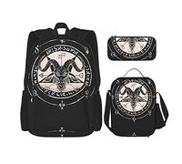Ensembles de sac à dos scolaire 3 pièces étudiants adolescents (tête de chèvre satanique Baphomet avec signe du troisième œil) sac de livre + sac à déjeuner + trousse à crayons mignon sac à dos coll