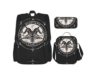 Ensembles de sac à dos scolaire 3 pièces étudiants adolescents (tête de chèvre satanique Baphomet avec signe du troisième œil) sac de livre + sac à déjeuner + trousse à crayons mignon sac à dos coll