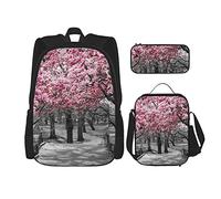 Ensembles de sac à dos scolaire 3 pièces garçons adolescents (art des arbres de fleurs de cerisier roses japonais) sac de livre + sac à déjeuner + trousse à crayons mignon sac à dos collège travail