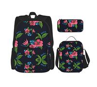 Ensembles de sac à dos scolaire 3 pièces garçons adolescents (imprimé de fleurs de l'état hawaïen) sac de livre + sac à déjeuner + trousse à crayons mignon sac à dos collège travail gym randonnée pê