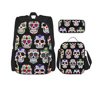 Ensembles de sac à dos scolaire 3 pièces Teens Studentss (Day Of The Dead Sugar Skull Flower Art) Cartable + Sac à déjeuner + Trousse à crayons Mignon Sackpack College Work Gym Randonnée Pêche Sac d