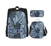 Ensembles de sac à dos scolaire 3 pièces Teens Studentss (Polynesian Tattoo Tapa Designs In Blue) Cartable + Sac à lunch + Trousse à crayons Mignon College Work Gym Randonnée Pêche Carry On Bag
