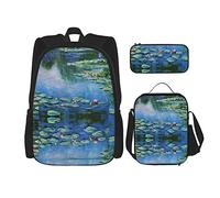 Ensembles de sacs à dos 3 pièces Cartable Étudiants Adolescents (Nénuphars Monet Peinture) Sac de livre + Sac à lunch + Trousse à crayons Mignon Collège Travail Gym Randonnée Pêche Sac de transport