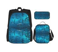 Ensembles de sacs à dos 3 pièces cartable filles adolescents (groupe de requins sous-marins bleu de la mer) sac de livre + sac à déjeuner + trousse à crayons mignon sac à dos collège travail gym ran