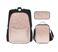 Ensembles de sacs à dos 3 pièces cartable filles adolescents (or rose faux paillettes rose dégradé couleur bloc) sac de livre + sac à déjeuner + trousse à crayons mignon collège travail gym randonné
