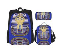 Ensembles de sacs à dos 3 pièces Cartable Garçons Adolescents (Roi Pharaon Toutankhamon Égypte Tut Égyptien) Cartable + Sac à lunch + Trousse à crayons Mignon Sac à dos Collège Travail Gym Randonnée