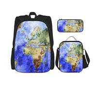 Ensembles de sacs à dos 3 pièces sac d'école adolescents étudiants (carte du monde de la terre Art) sac de livre + sac à déjeuner + trousse à crayons mignon collège travail gymnastique randonnée pêc