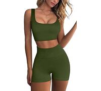 Ensembles de sport 2 pièces pour femme - Débardeur court côtelé sans couture - Short taille haute - Tenue de yoga, Vert kaki., Medium