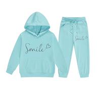Ensembles de survêtements à capuche de 2 pièces pour l'automne pour filles avec cordon de serrage pour enfants, tenue graphique avec poches, sourire, manches longues, lettre, pantalons de sport actifs