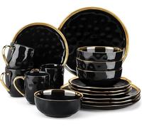Ensembles De Table 16 Pièces Ensemble De Vaisselle en Porcelaine Noire avec Garniture Dorée Assiette à Dessert Assiette à Dîner Tasse Bol De Vaisselle Ensemble De Va, One Color, 16 Piece