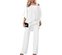 Ensembles Deux Pièces Pour Femmes Soirée Manches Courtes à L'épaule Tops En Mousseline De Soie Et Mousseline Habillée Pantalon Large Pantalon Costume Combinaison Combinaison Invités (XL,Blanc)
