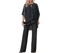 Ensembles Deux Pièces Pour Femmes Soirée Manches Courtes à L'épaule Tops En Mousseline De Soie Et Mousseline Habillée Pantalon Large Pantalon Costume Combinaison Combinaison Invités (XXL,Noir)