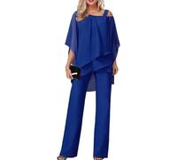 Ensembles Deux Pièces Pour Femmes Soirée Manches Courtes à L'épaule Tops En Mousseline De Soie Et Mousseline Habillée Pantalon Large Pantalon Costume Combinaison Combinaison Invités (XL,Bleu marine)