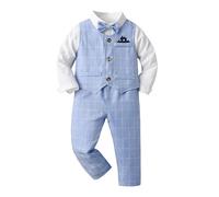 Ensembles Enfant Garçon Gentleman Costume Garcon 4 Pieces Slim Fit 1-6 Ans Chemise Pantalon Collier Gilet Tailleur Carreaux Chic Pas Cher Confortable Casual Cérémonie Mariage (18-24 mois, Azur)