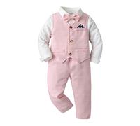 Ensembles Enfant Garçon Gentleman Costume Garcon 4 Pieces Slim Fit 1-6 Ans Chemise Pantalon Collier Gilet Tailleur Carreaux Chic Pas Cher Confortable Casual Cérémonie Mariage (18-24 mois, Rose)