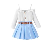 Ensembles Fille 1 5 Ans Chic et Elegant Automne Blouse Fille Epaule Denudee Noeud uni Haut Top Enfant Fille Manche Longue à Bretelles Mini Jupe plissée Fille Courte Tenue Mode (Blue, 12-18 Mois)