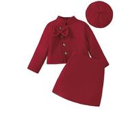 Ensembles Fille 2-7 Ans Chic et Elegant Automne Manteau Fille Laine Ceremonie Princesse avec Papillon Noeud Veste Enfant Fille Mariage + Jupe Fille Courte + béret Tenue Printemps (Red, 5-6 Ans)