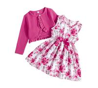 Ensembles Fille 3-7 Ans Chic et Elegant Fleurs Automne Robe Princesse Fille Ceremonie Mariage sans Manches + Cardigan Fille Volants Manche Longue Tenue Fille Mode Printemps (6-7 Ans)