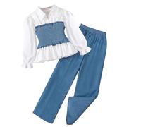ensembles fille 5-12 ans chic et elegant ceremonie soiree top haut peplum fille ado plissé manche longue chemisier blouse automne et pantalon fluide leger tenue enfant fille mode (Blue, 8-9 ans)