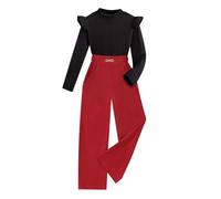 Ensembles Fille 5 12 Ans Chic et Elegant Pull Enfant Fille col roulé côtes Leger Haut Top Manche Longue Volants Automne Pantalons Fille Large Fluide Tenue Fille ado Mode Printemps (Red, 6-7 Years)