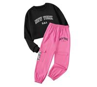 Ensembles Fille 5-12 Ans Chic Mode New York Pull Sweat ado Fille Court Manche Longue Automne Pantalon Cargo Fille Casual Tenue Costume Hippie Enfant Fille Streetwear Printemps (Black, 10-12 Years)