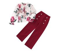 Ensembles Fille 7-12 Ans Chic et Élégant Fleurie - Blouse Ado Manche Longue Automne Haut Top et Pantalons Large Avec Boutons - Habits Tenue Enfant Mode Printemps (RD2, 10-12 Ans)