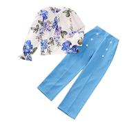 Ensembles Fille 7-12 Ans Chic et Elegant Fleurie Blouse Fille ado Manche Longue Automne Haut Top et Pantalons Fille Large avec Boutons Habits Tenue Enfant Fille Mode Printemps (Blue, 8-9 Ans)