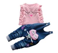 Ensembles Fille 9 Mois a 4 Ans Mode Tee Shirt Enfant Fille Manche Longue avec Volants Haut Top col Rond Automne Salopette Jean Fille Mignon Dessin animé imprimée Tenue Vetement (9-12 Months)
