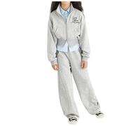 Ensembles Fille ado 8 15 Ans Automne Veste zippée Fille Courte Sport Manteaux Fille Enfant mi Saison Blousons Printemps Sweat sans Capuche Jogging Pantalons survêtements Fille Mode (Grey, 14-15Years)