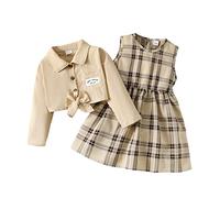 Ensembles Fille Chic et Elegant Robe Fille 1-6 Ans À Carreaux ete Robe sans Manches Ceremonie de Fete soirée Robe Cute Kawaii + Manteau Court Veste Fille Manche Longue Chemise avec (Khaki, 3-4 Years)