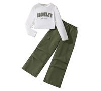 Ensembles Fille Costume pour Fille Cent Lettres pour Enfants Moyens et Plus âgés Pull à Manches Longues Pantalon de Travail à Plis et Jambes Larges (Dark Green, Years)