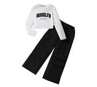 Ensembles Fille Costume pour Fille Cent Lettres pour Enfants Moyens et Plus âgés Pull à Manches Longues Pantalon de Travail à Plis et Jambes Larges Years