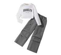 Ensembles Fille Costume pour Fille Cent Lettres pour Enfants Moyens et Plus âgés Pull à Manches Longues Pantalon de Travail à Plis et Jambes Larges (Grey, Years)