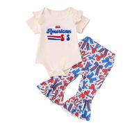Ensembles Fille.Ensemble Deux pièces pour Fille avec Lettres brodées du 4 Juillet,Manches flottantes,Body Respirant et Pantalon évasé