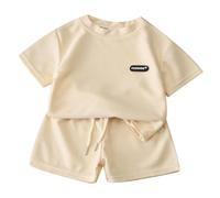 Ensembles garçon 3-16 Ans été t-Shirts à Manches Courtes garçon 2024 uni Ample Haut Top Tee Shirt col Rond Short Enfant garçon Sport Casual Tenue Survetement Enfant Garcon Pas (Beige, 13-14 Years)