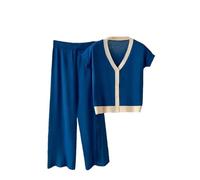 Ensembles tricotés 2 pièces pour femmes col en V simple boutonnage cardigan + pantalon long taille haute jambe large solide, bleu, Taille unique