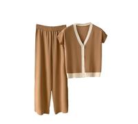 Ensembles tricotés 2 pièces pour femmes col en V simple boutonnage cardigan + pantalon long taille haute jambe large solide, kaki, Taille unique